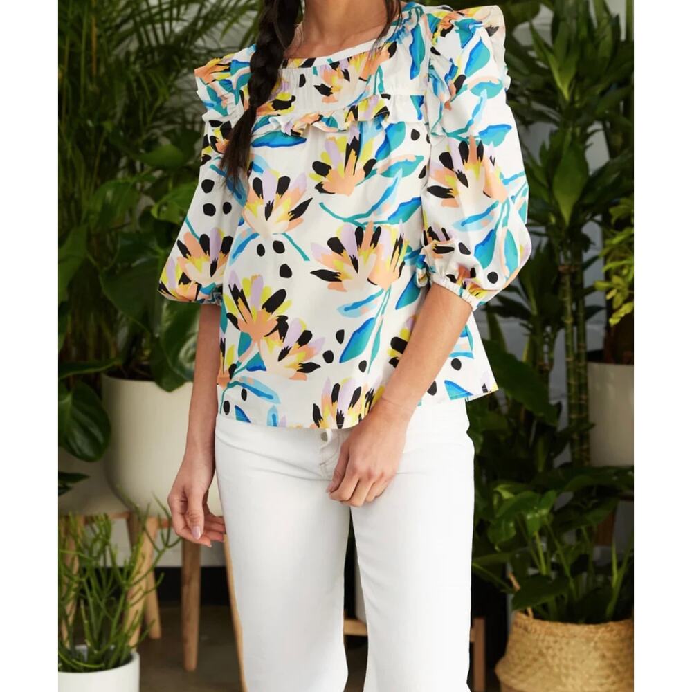 Crosby by Molly Burch Floral Ruffle Blouse Feminine Mae Top sland Lillies Sm